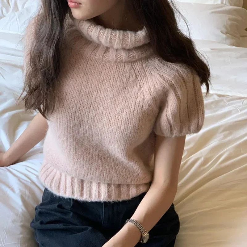 Neploe Simple Versatile High Neck Short Sleeve Knit Sweater Femme 2024 Autumn Solid Color Loose Casual Alpaca Wool Pullovers