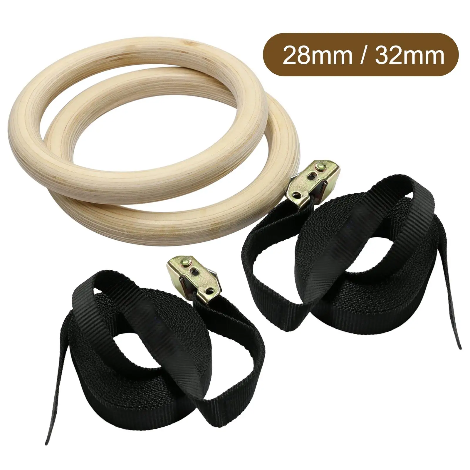 Sports Wood Gymnastic Rings with Adjustable Buckle Straps Anti slip belt for Strength Training Gym Full Body Workout