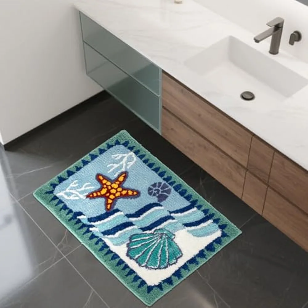 Coastal Beach Bathroom Rug Blue Shell Bath Mat Tufted Non Slip, Machine Washable Cute Kids Sea Bathtub mat Bathroom Bedroom Deco