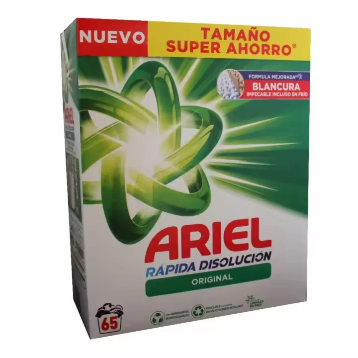 Detergente en Polvo Ariel, 65 Lavados, Tecnología Anti-Residuos, Ropa Limpia y Reluciente (4,225Kg)