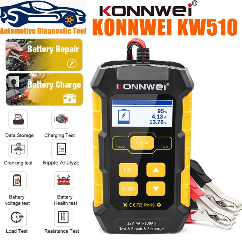 KONNWEI KW510 12V 5A Full Car Battery Tester Pulse Repair Auto Charger Wet Dry Lead Acid Power Supply Car Battery Repair Tool