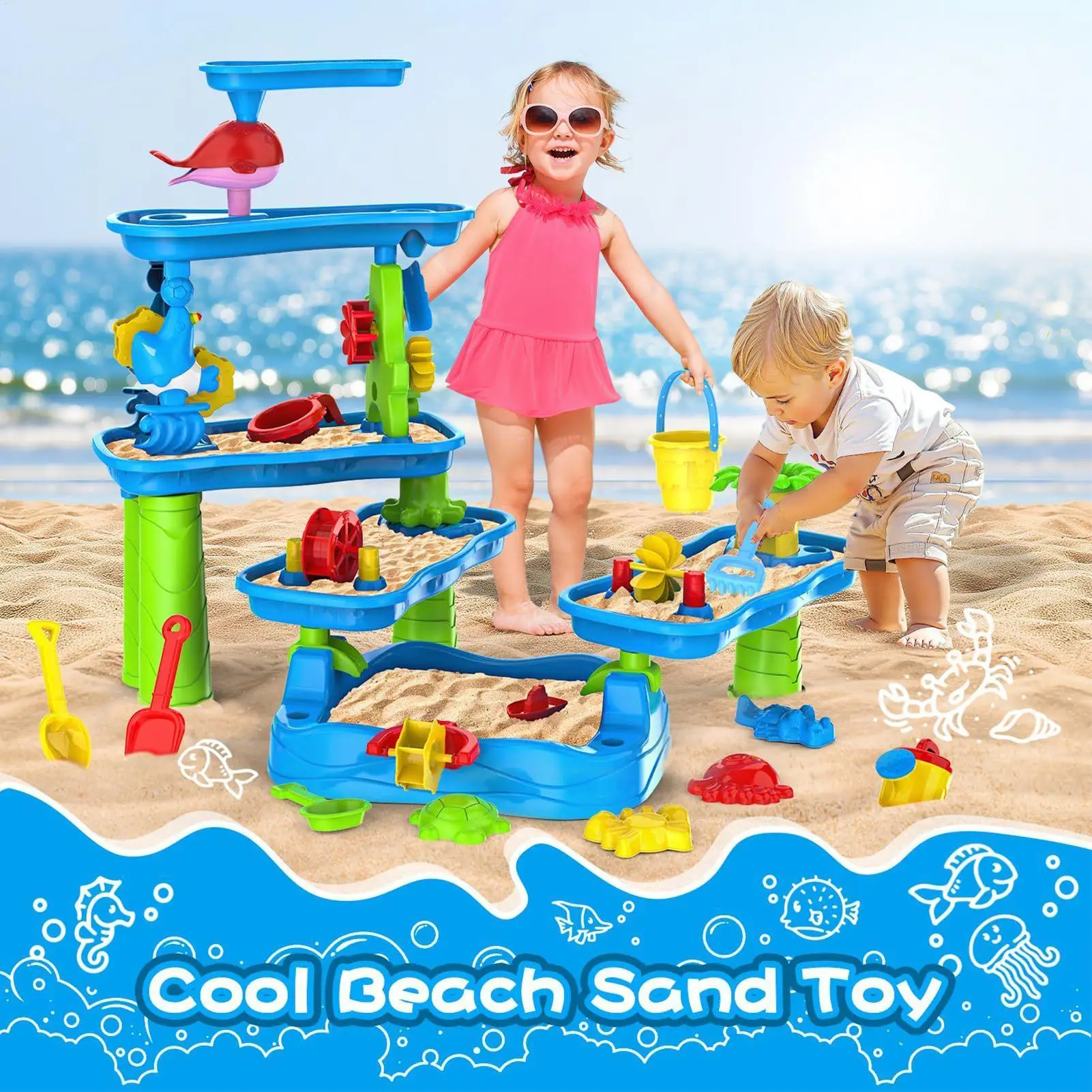 

Water Table For Kids 6-Tier Water Activity Sensory Table Rotatable Activity Pool Beach Toys For Patio Backyard Outdoor