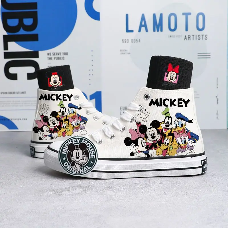 Disney Mickey Print Canvas Shoes 2023 New Tide Couple White Sport Shoes Women Minnie Casual Sneakers Men Tennis Shoes Size 35-44