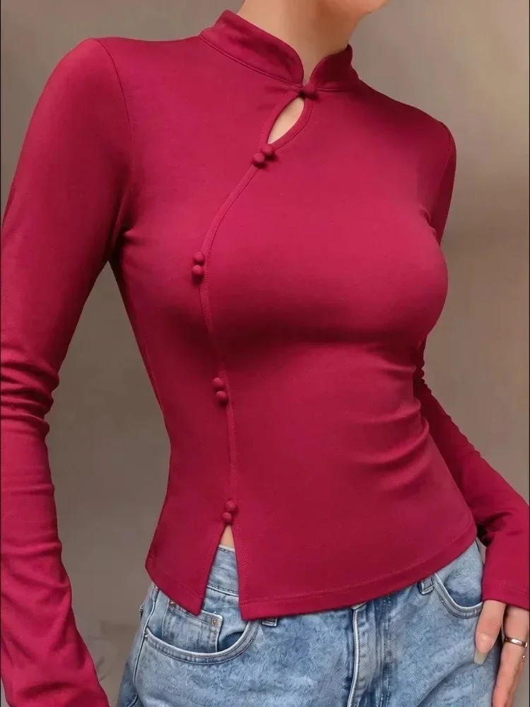 Elegant Frog Button Top Women Diagonal Cutout Stand Collar Slim Stretchy Long Sleeve Shirt Slim Temperament Pullover