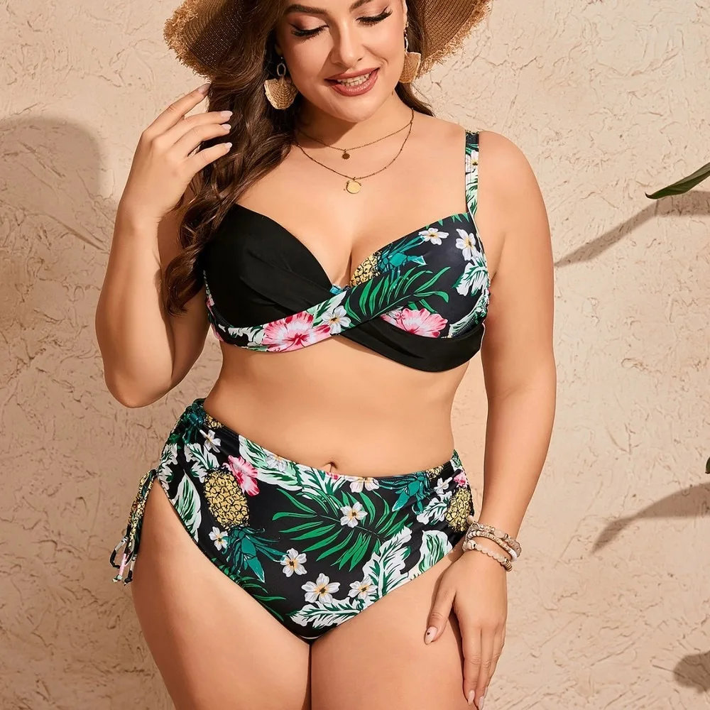 Plus Size Two Piece Bikini Set Floral Print Push Up Cross Back Swimwear Women Vintage Swimsuit Beachwear Tankini Swimsuits Women