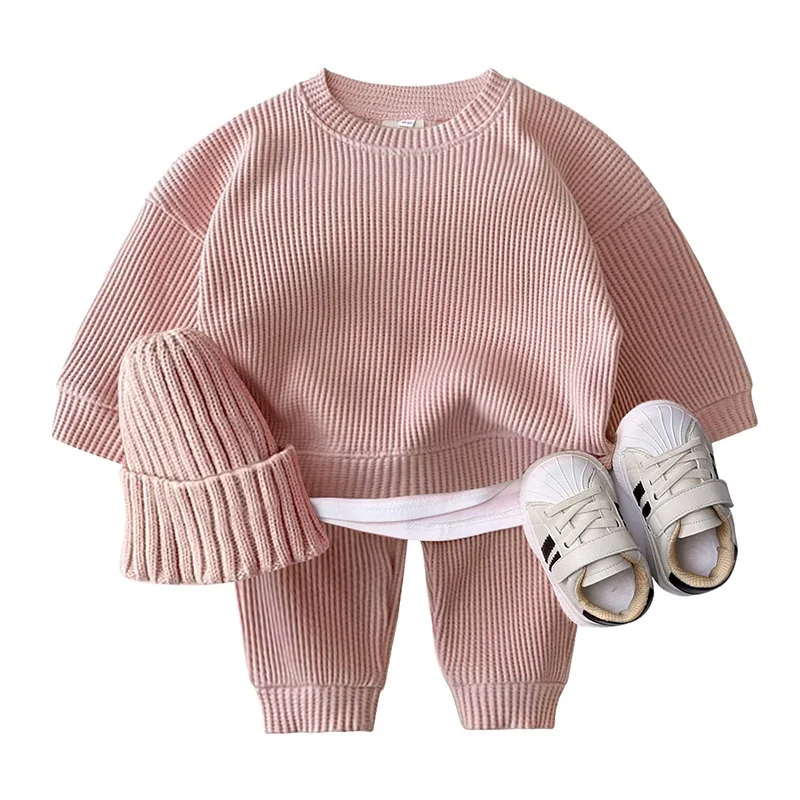 Korea Toddler Baby Clothing Sets For Infant Baby Boys Clothes Set Mock Two-piece Waffle Cotton Sweatshirt+Pants 2pcs Outfit