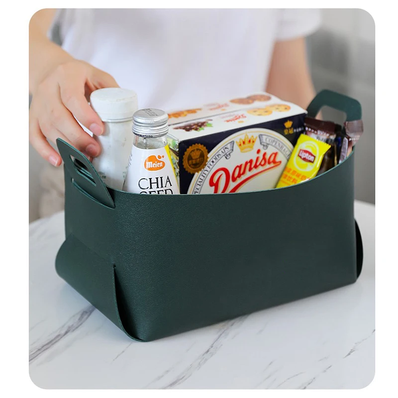 Factory Hot Selling Foldable PU Leather Cosmetics Storage Basket Table Storage Organizer Living Room Storage Box with Handle