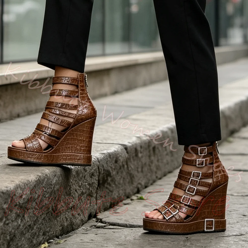 Multi Buckle Sandal Wedge Platform Ankle Boots Women Goth Fashion Peep Toe Leather Back Zipper Punk Streetwear Club Party Ladies - view 6
