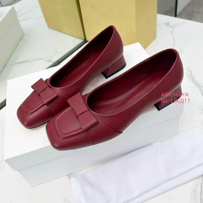 

Summer New White Leather Flat Shoes Women Square Toe Bow Knot Square Heel Dress Shoes Designer Party Work Shoes For Women