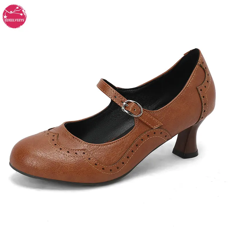 

Women's Vintage Wingtip Mary Jane Kitten Heel Pumps Chunky Heel Round Toe Oxford Brogue Work Dress Shoes for Ladies