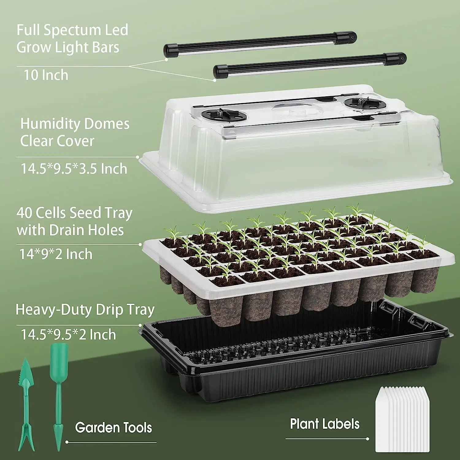 1 Set, Seed Starter Trays With 2 Long Strip Grow Lights, 40 Cells Seed Starter Kit With Humidity Dome For Home Gardene