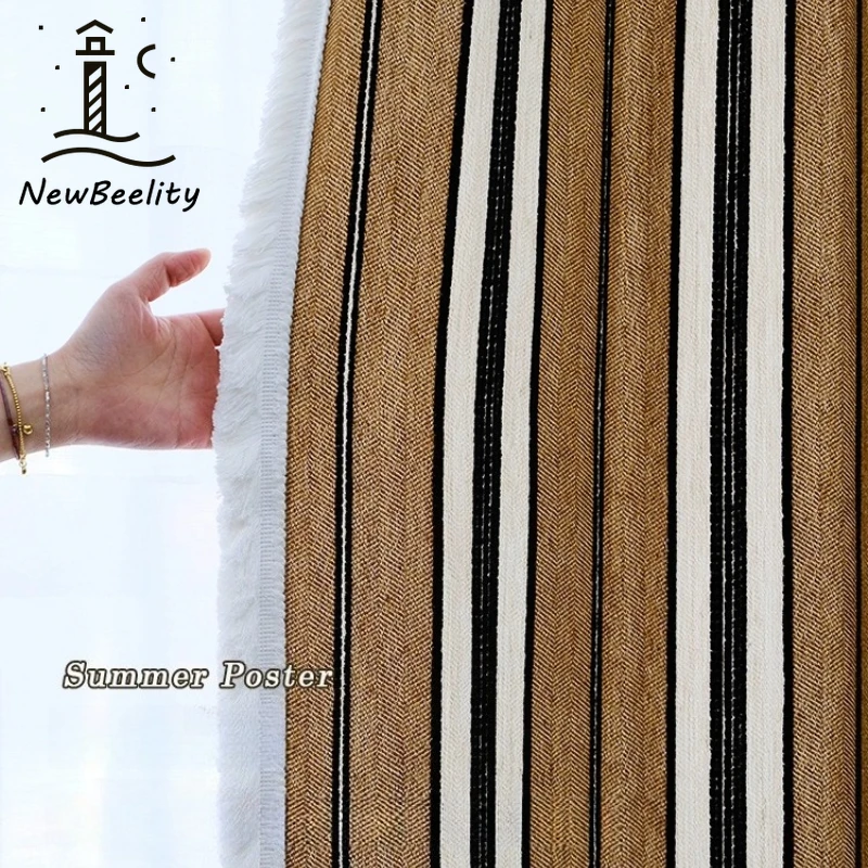 Summer Poster High-end New Vertical Pattern Wool Cotton Linen Texture Curtains for Living Room Bedroom Dining Decoration Tulle