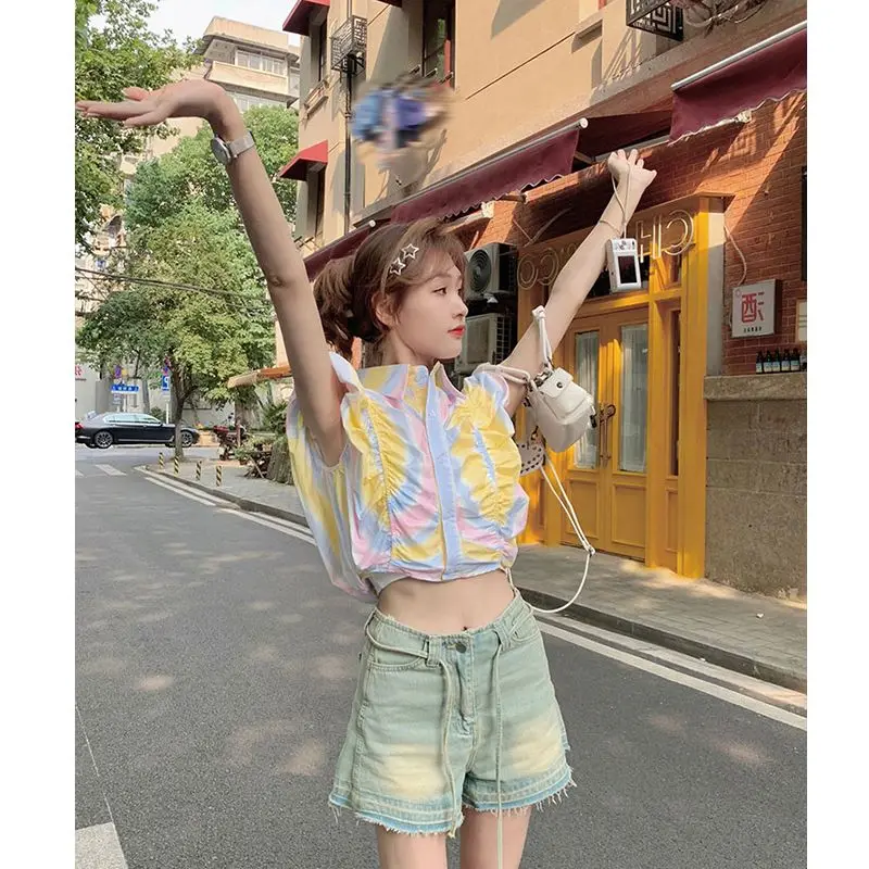 Tie Dye Pleated Y2K Short Shirt Tops Summer New Short Sleeve Polo Neck All-match High Street Blouse Fashion Trend Women Clothing