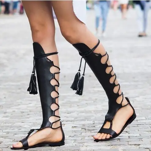

Retro Black Leather Cross Tied Lace Up Tassel Flat Knee High Sandals Boots Women Leisure Open Toe Hollow Holiday Beach Shoes