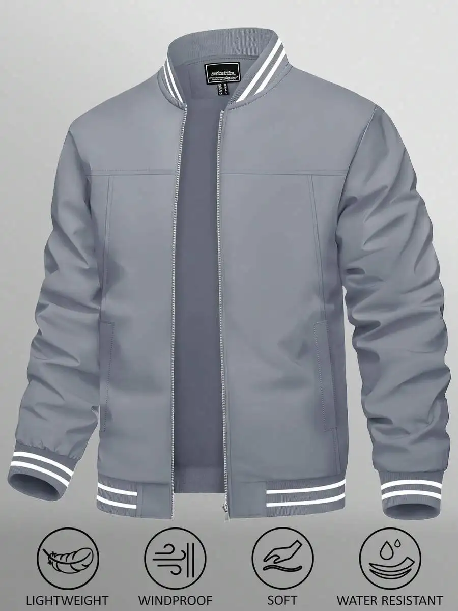 

Mens Lightweight Casual Bomber Jacket Windproof Water Resistant Zip Up With Pockets