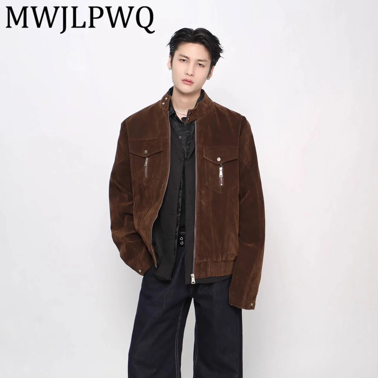 

MWJLPWQ American Style High-End Leather Workwear Stand Collar Jacket Men Autumn Street New Casual Cool Loose Coat Trendy 21168