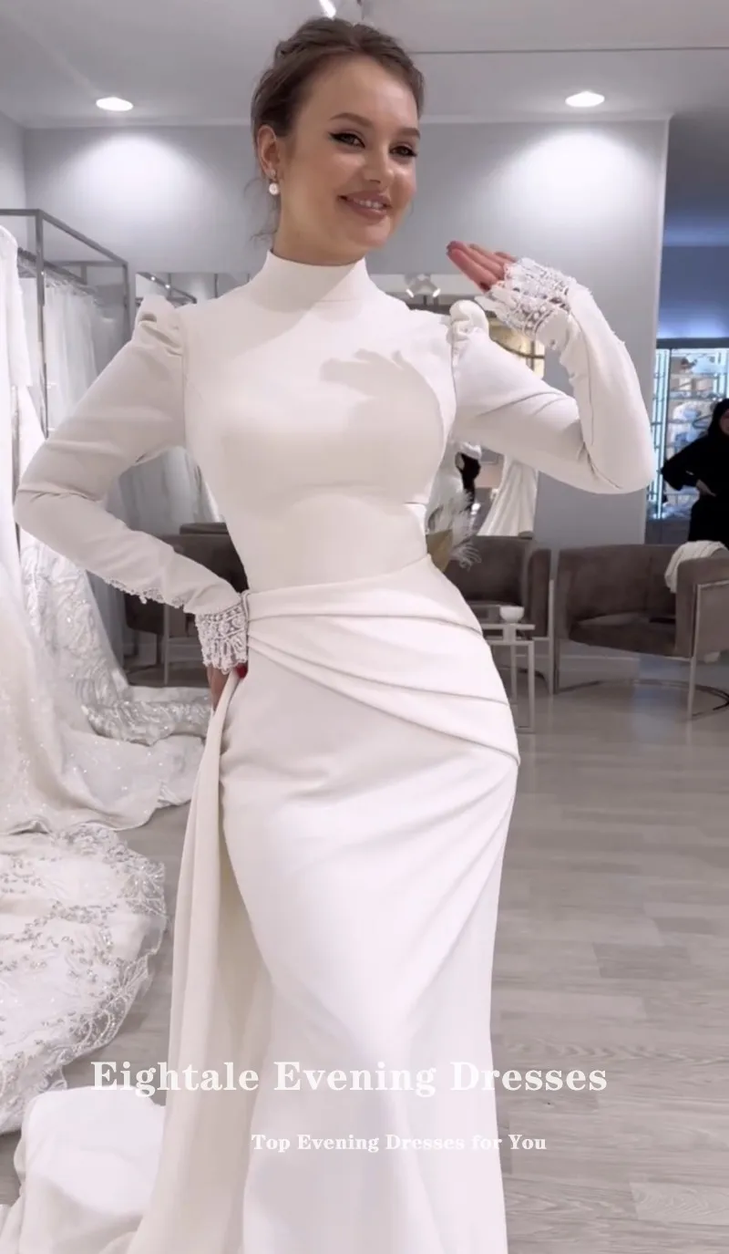 Vestido de novia árabe de Eightale, vestido de novia de encaje de cuello alto de color marfil personalizado, vestido de fiesta de novia de sirena musulmana de manga larga
