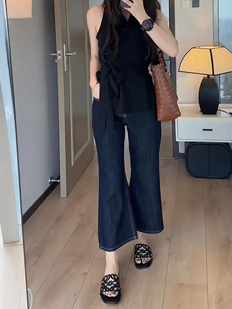 ディープブルーシルクマイクロフレアジーンズ レディース 薄手 大きいサイズ 梨型体型 ヒップカバー 着痩せ効果 ナインポイントフレアパンツ