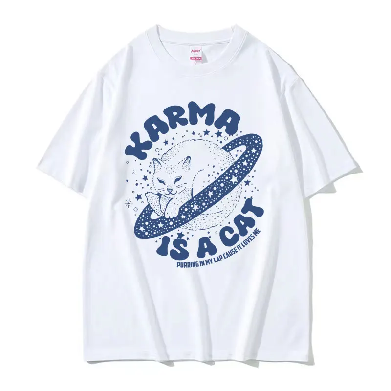 Karma Is A Cat Lover Kawaii Funny Meme T Shirt Men Women Vintage Style Short Sleeve Tshirt Oversized Cotton O-Neck T-shirt Tops