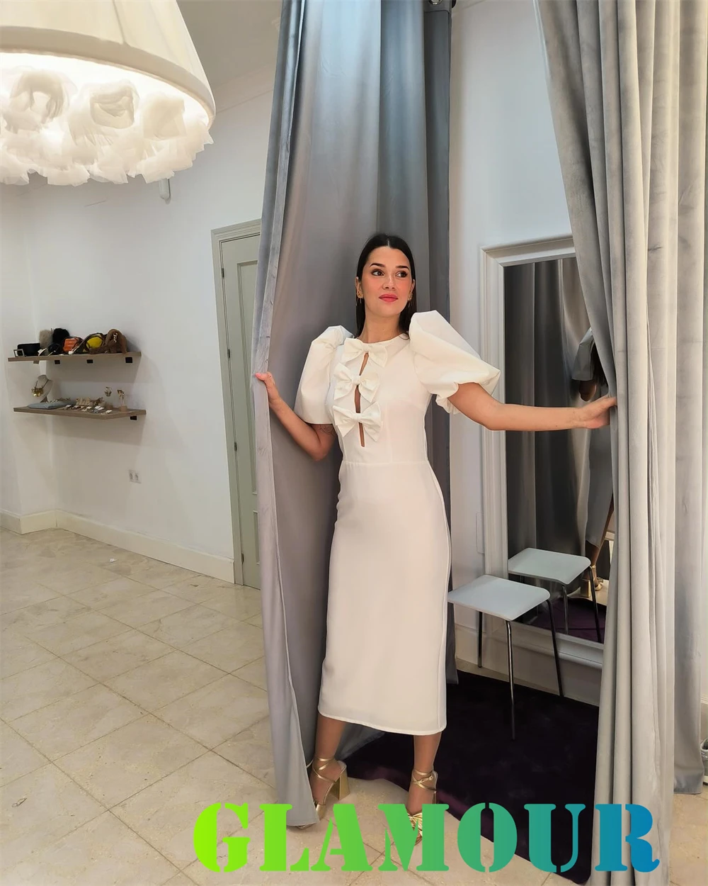 Moda personalizada camisa branca vestido de noite clássico tripulação pescoço mangas curtas vestido de baile luxo vestidos de ocasião especial