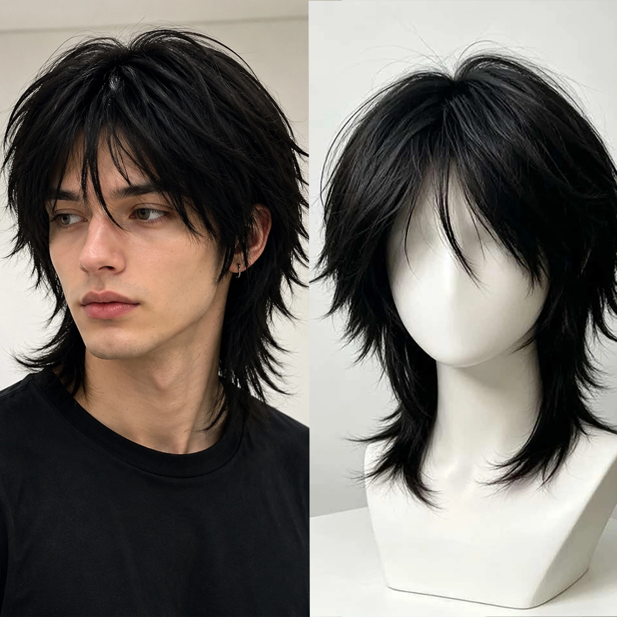 Schwarze Flip-Out Wolf Cut Mullet Synthetik-Perücke, Zottelige Spiky Mullet Haarperücke für Männer, Alltag, Halloween, Cosplay