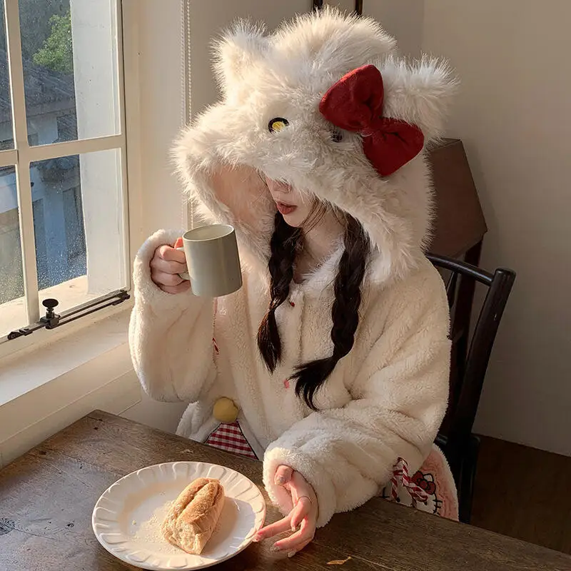 

Hello Kitty осенне-зимние женские пижамы для пары с капюшоном из кораллового флиса, милые пижамы с героями мультфильмов, свободный повседневный удобный домашний комплект