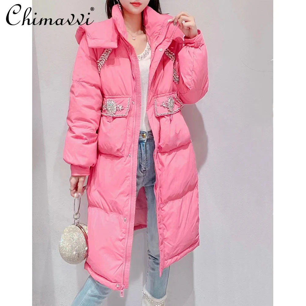 Exquisite Rhinestone Hooded Down Jacket Women\'s 2023 Winter New Loose Slimming Mid-Length Warm Jackets Sweet Elegant Coats