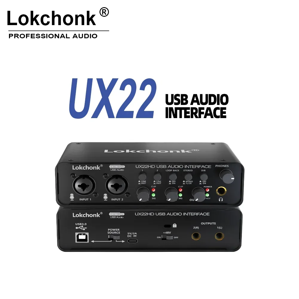 UX22 Audio Interface Sound Card 32-bit/192KHz AD Converter, Electric Guitar Live Recording Professional Studio Singing, Podcast