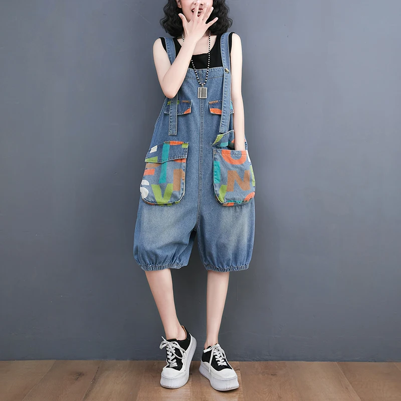 Knee-Length Jumpsuit Jeans Women Summer Vintage Casual Loose Letter Printed Big Pocket Sleeveless Strap Denim Pants Romper s282