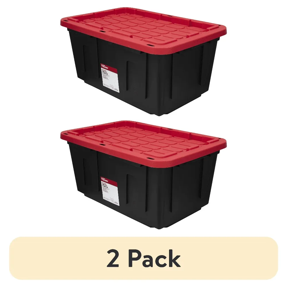 (Paquete de 2) Contenedor de almacenamiento grande Hyper Tough de 27 galones con tapa a presión, negro y rojo, contenedor de almacenamiento de plástico resistente