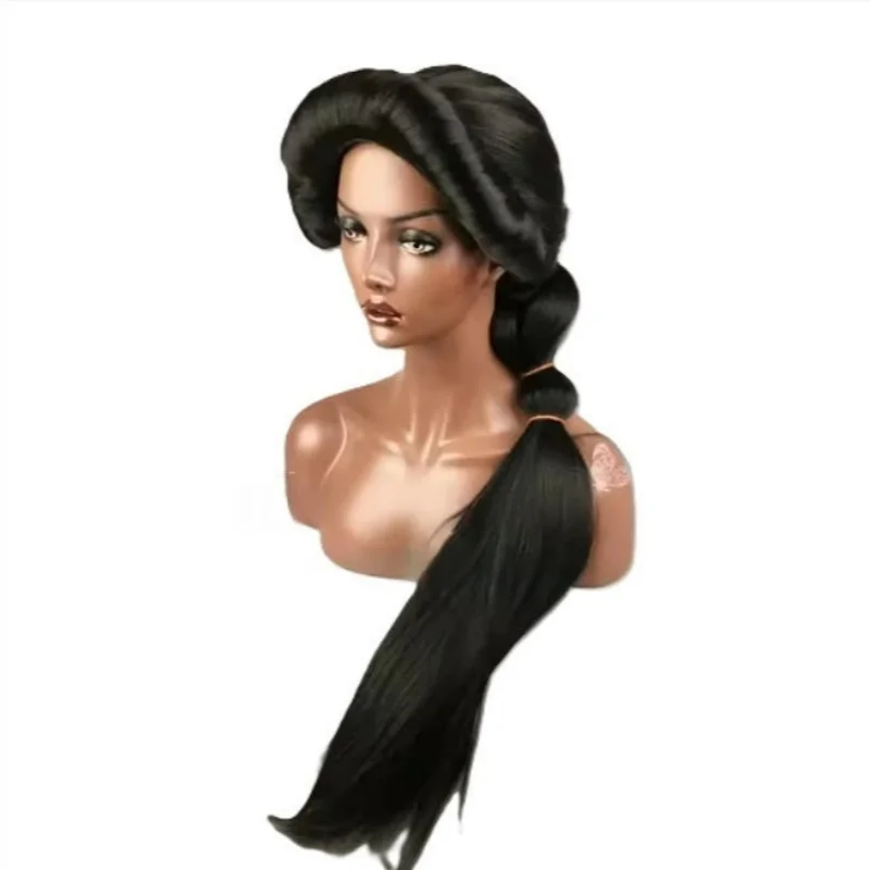 Halloween Vrouwen Aladdin Prinses Jasmijn pruik Zwart Lange stijl Gevlochten pruik Rollenspel kostuums Hittebestendig Haar + Pruik Cap