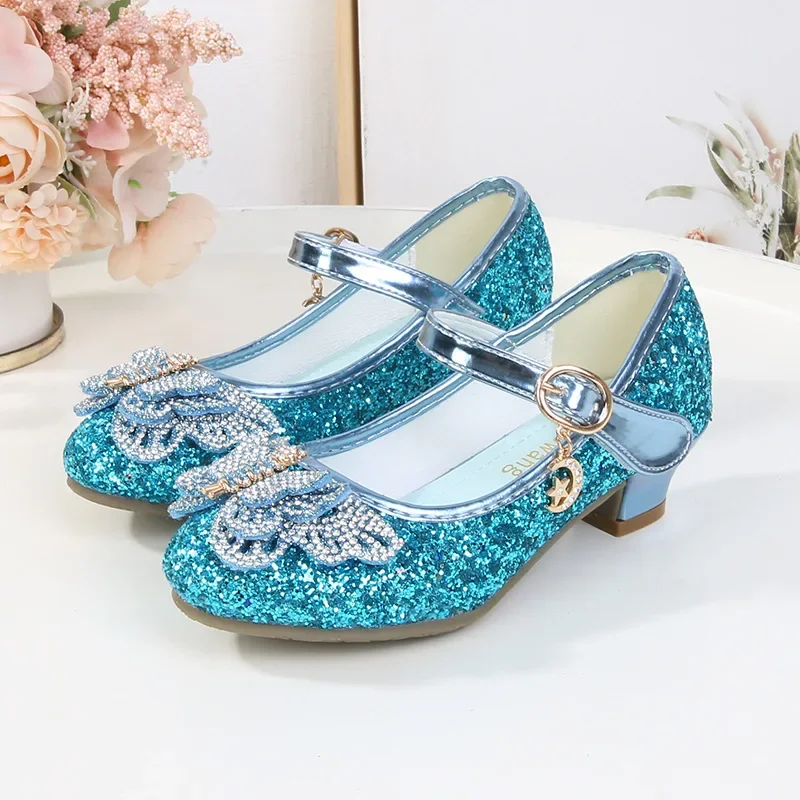 Spring Autumn Little Girl Leather Shoes Chic Butterfly Children's Shoes with Heels Fashion Versatile Kids Princess Wedding Shoes