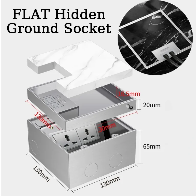 Flat Floor Hidden Socket EU Socket Outlets Embedded Electrical Stainless Steel Marble  Floor Golden Silver Black Socket Box