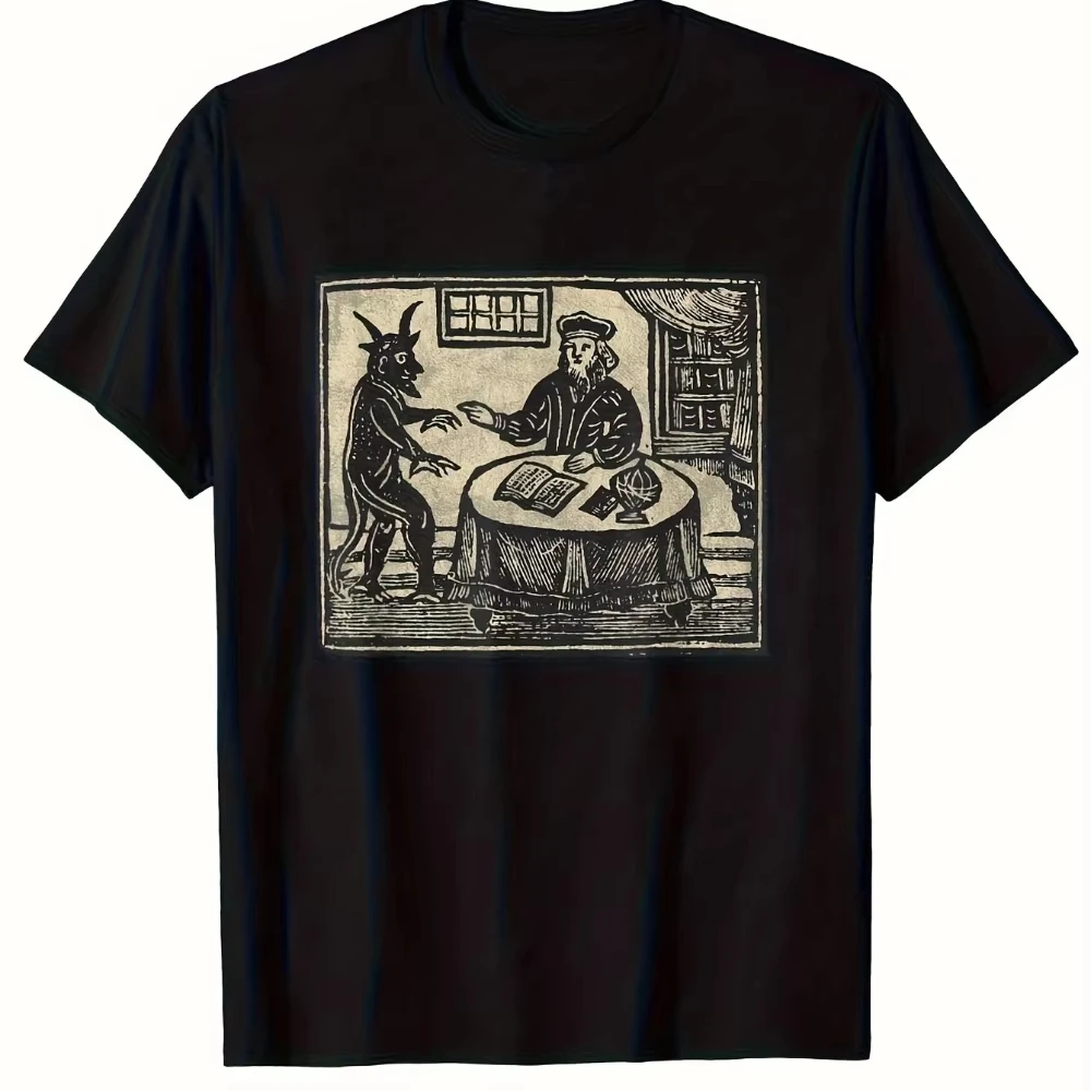 Men's Gothic Style Patterned Shirt, Devil Descartes Summons Terrifying Exquisite Wooden Pole Printed T-shirt, Summer Men's
