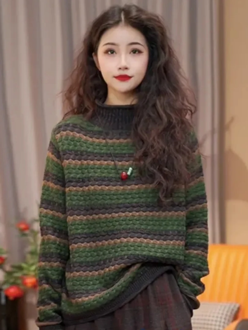 

Casual Stripe Knit Sweater Women's Loose Fit Overhead Top Faionable Vintage Base Layer irt Comfortable Warm Spring Autumn