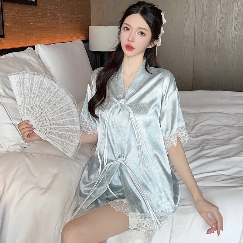 

Шелковый комплект пижамы Pjs Setice для женщин: модный домашний костюм с V-образным вырезом, приятный на ощупь, милый и мягкий пижамный комплект