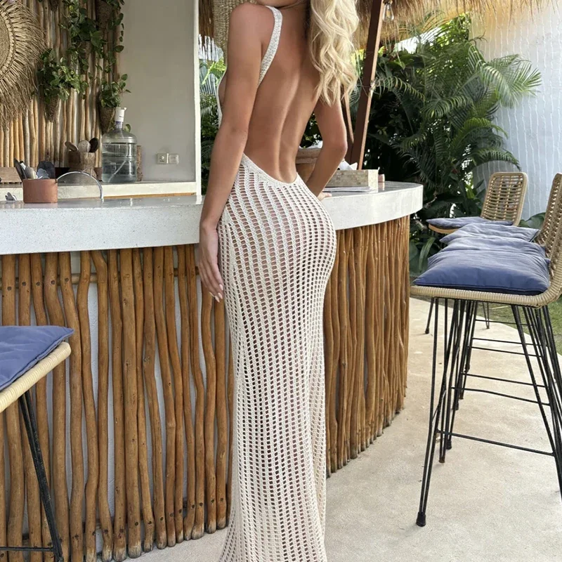 Abito sottoveste senza schienale lavorato a maglia di nuovo stile Abito lungo sexy con protezione solare per le vacanze estive al mare da donna