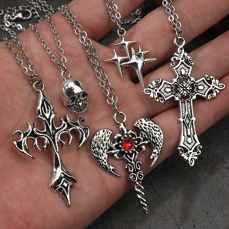 

5 Pieces Gothic Pendants - Cross, Wings, Skull, Star, Sword and Butterfly for Men's Jewelry, Daily and Party Accessories