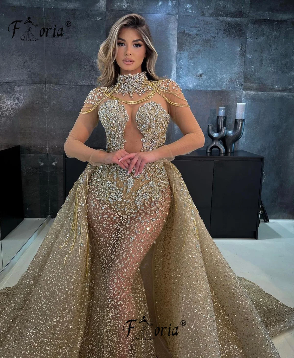 Vestidos de graduación de sirena glamorosos, cuello alto, apliques brillantes, cuentas de encaje, cadena hueca, tren desmontable, hecho a medida, fiesta de talla grande