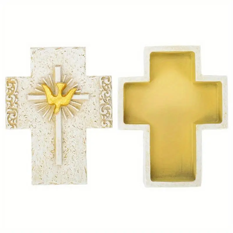 1PC Communion Dove Resin Stone Decorative Tabletop Keepsake Box Cross Jewelry Holder