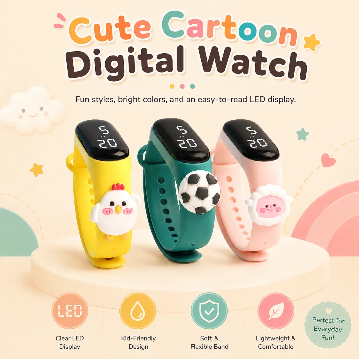 Kids' Cartoon LED Digital Watch, with 3D Fun Chick Football Decoration, Adjustable Multi-hole Strap