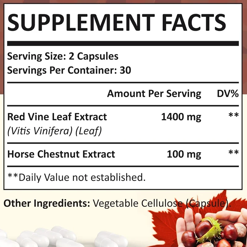 Vitis Vinifera, a capsule supplement of red vine leaves and chestnut extract, is used for healthy veins, circulation, and skin