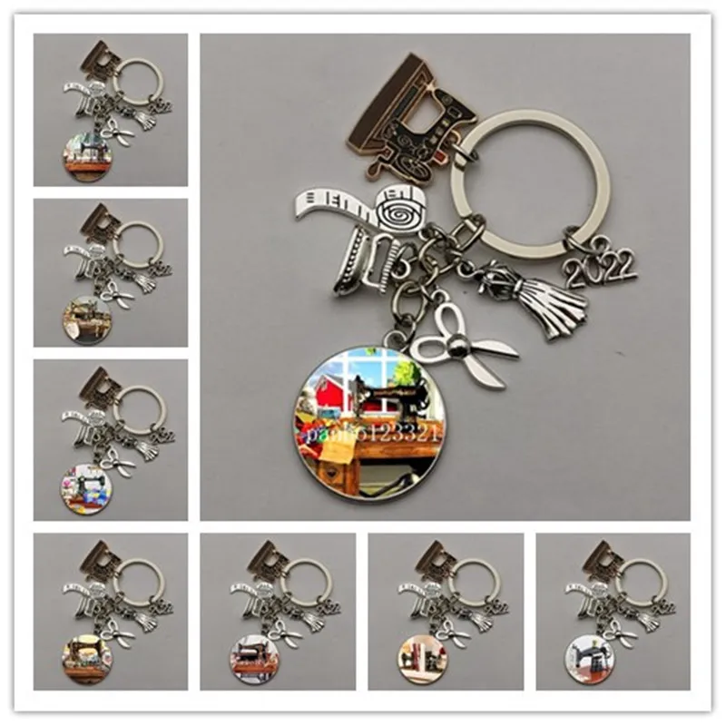 Fashion sewing machine pendant keychain grandmother mother souvenir jewelry glamor key ring cute pattern glass key chain gift