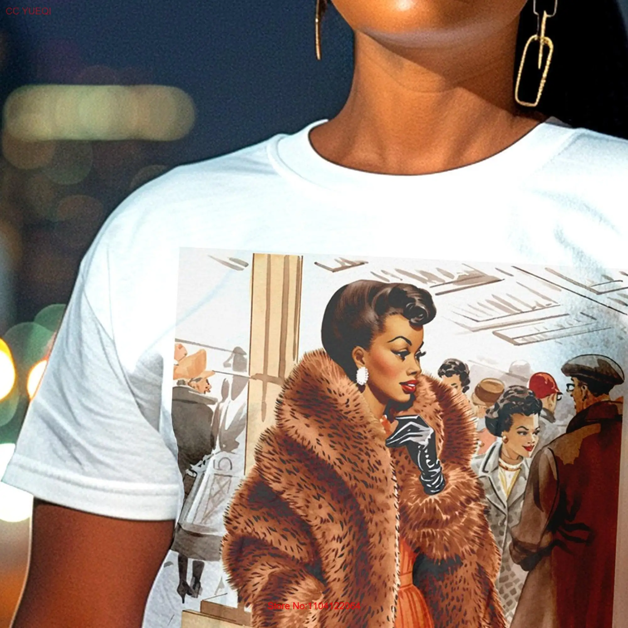 Black Glamour T Shirt African American Woman Sophisticated Lady Adult Vintage Style 1950s Era Fur Old School Design