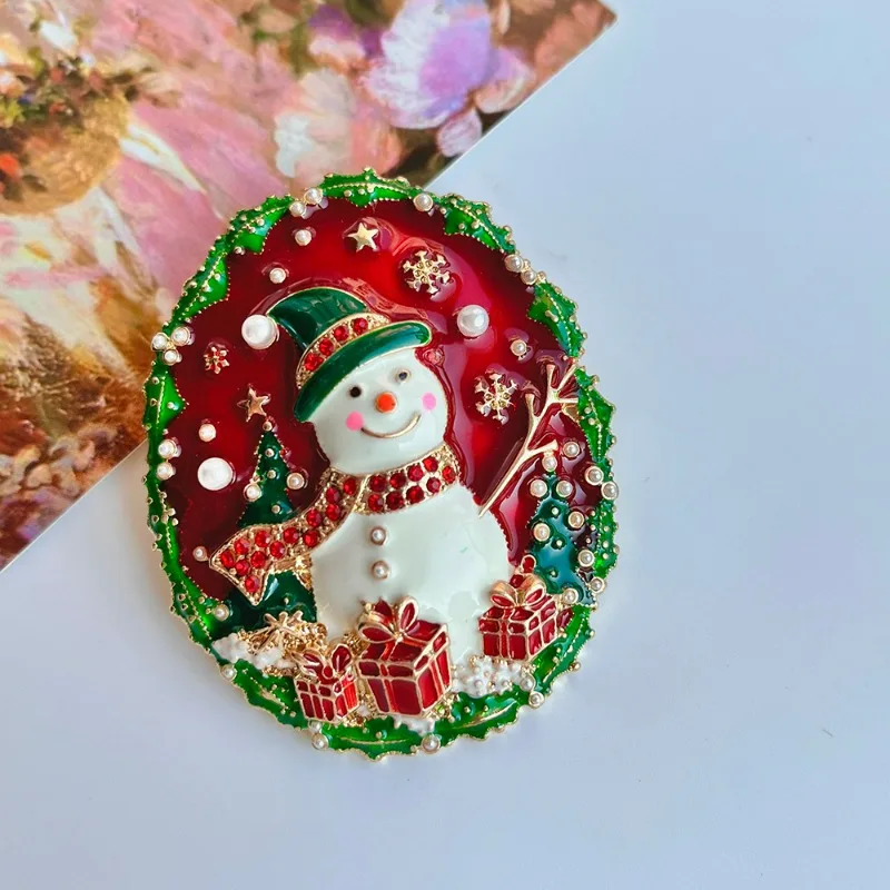 

Christmas Man Brooch Enamel Dripping Snowman Rhinestone Paved Double Wear Christmas Gift Theme Pearls