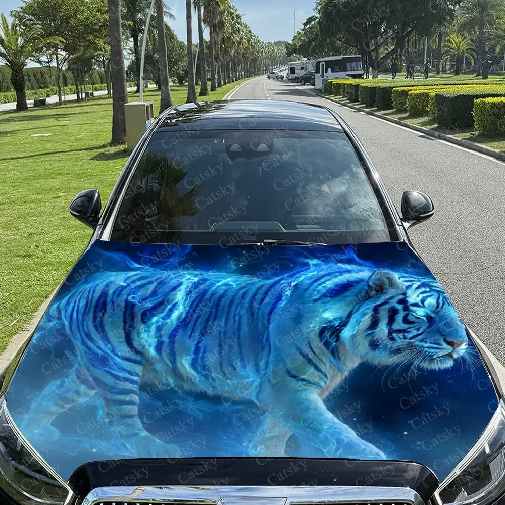 Walking Blue Flame Tiger Car   Wrap, Car   Decal, Car   Sticker, Truck   Wrap, Bonnet Wrap