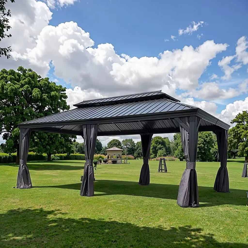 

Hardtop Gazebo 12x20ft (3.65x4.85 3.6x6m) Aluminum Heavy Duty Pavilion Double Roof Permanent Pergola with Curtains Patio Garden