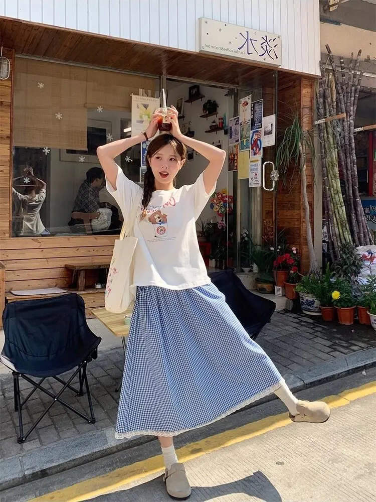 Sweet Preppy Korean Women High Waist A-line Skirts Preppy Style Girls Sweet Lace Cake Skirts Women's Long Midi Skirts Streetwear