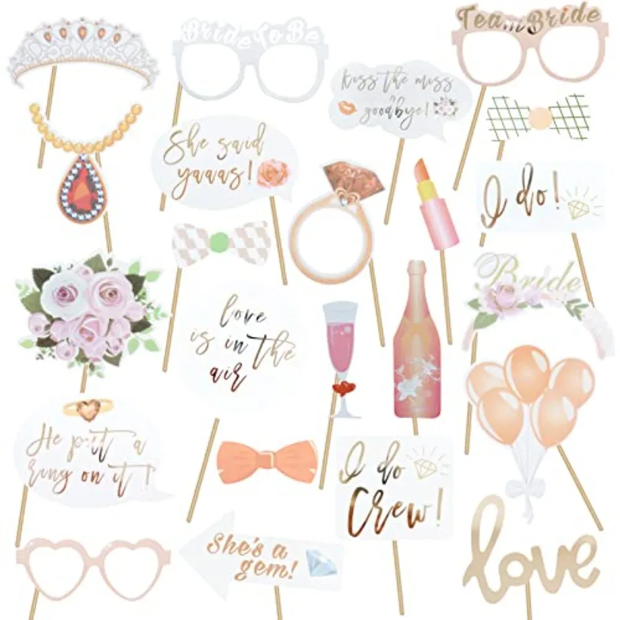 

Wedding Photo Booth Props, Bachelorette Party Decorations, Engagement Party Decorations in Rose Gold, with Glitter 23 pcs Pre-A