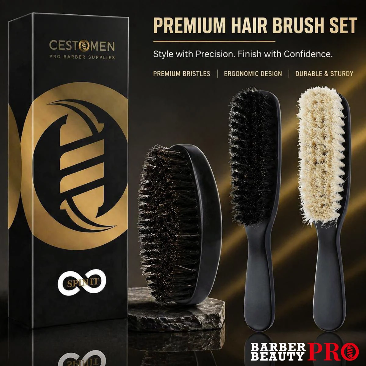 Juego de 2 cepillos profesionales para barba de hombre, cerdas de jabalí y pelo de caballo, mango ergonómico de ABS para barbería, salón y uso doméstico